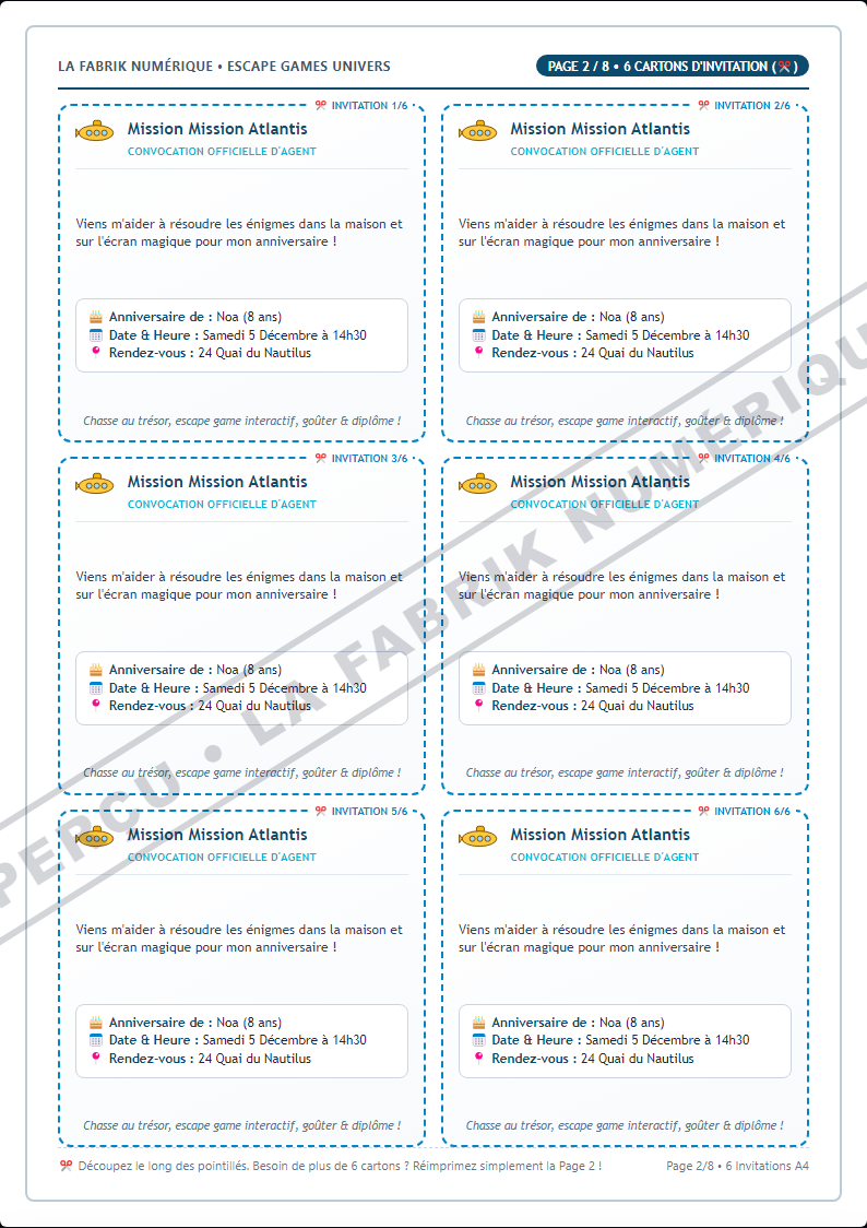 Aperçu Page 2 — 6 Cartons d'Invitation Mission Atlantis